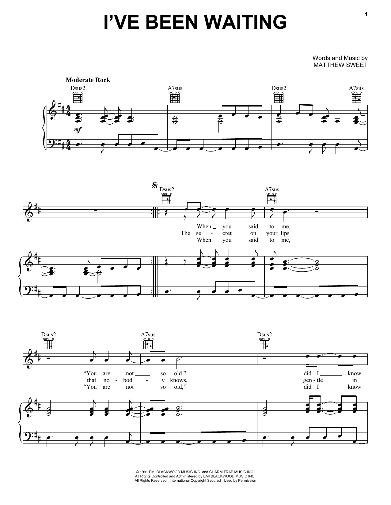 Download Matthew Sweet I've Been Waiting Sheet Music and learn how to play Piano, Vocal & Guitar Chords (Right-Hand Melody) PDF digital score in minutes