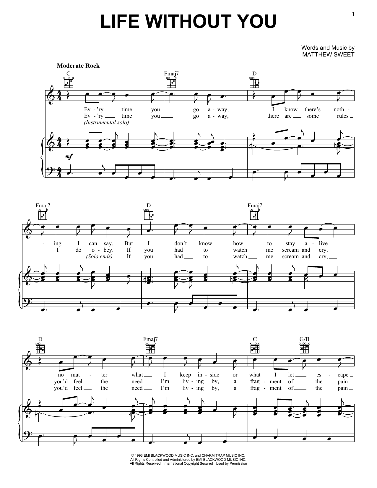 Download Matthew Sweet Life Without You Sheet Music and learn how to play Piano, Vocal & Guitar Chords (Right-Hand Melody) PDF digital score in minutes