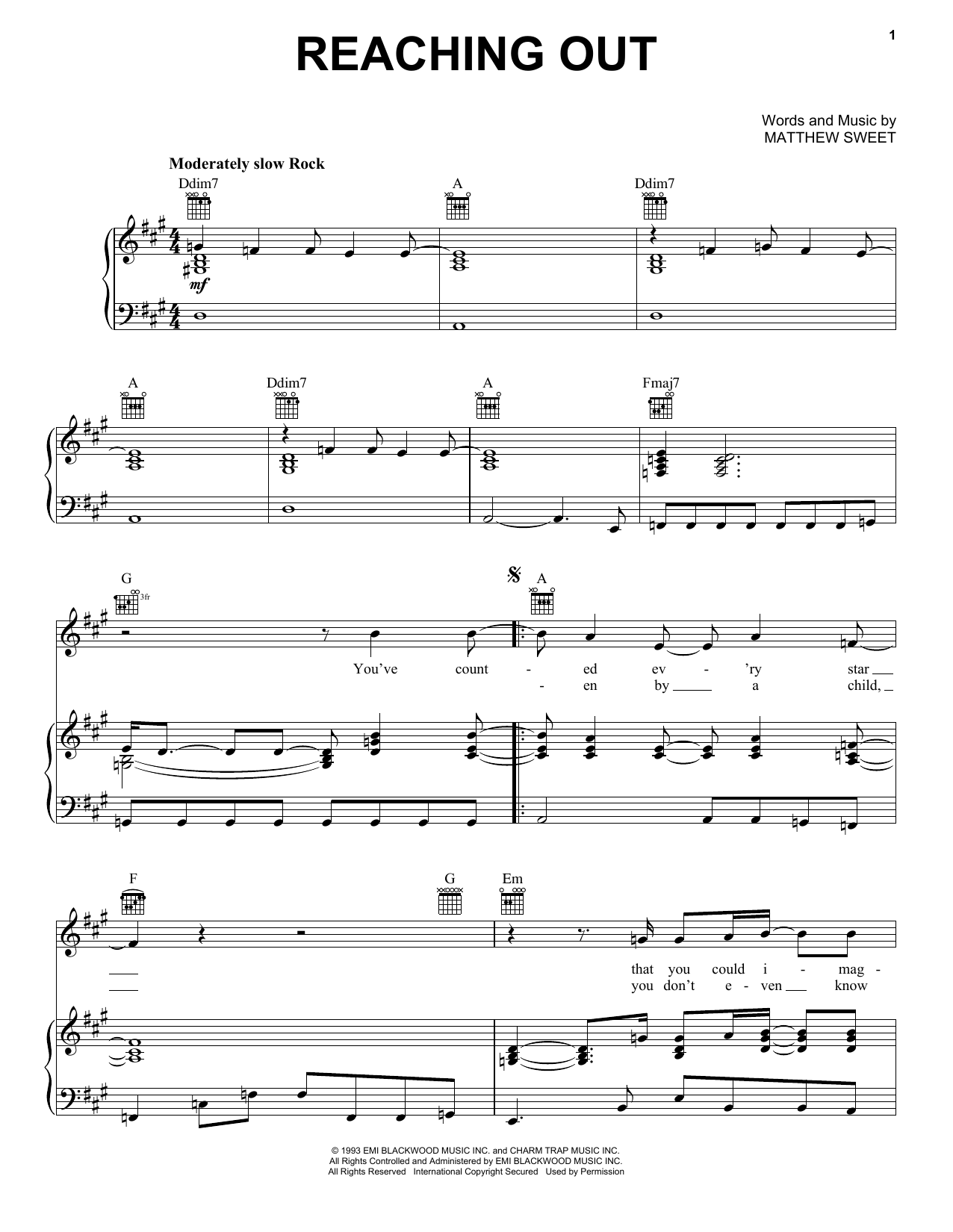 Download Matthew Sweet Reaching Out Sheet Music and learn how to play Piano, Vocal & Guitar Chords (Right-Hand Melody) PDF digital score in minutes