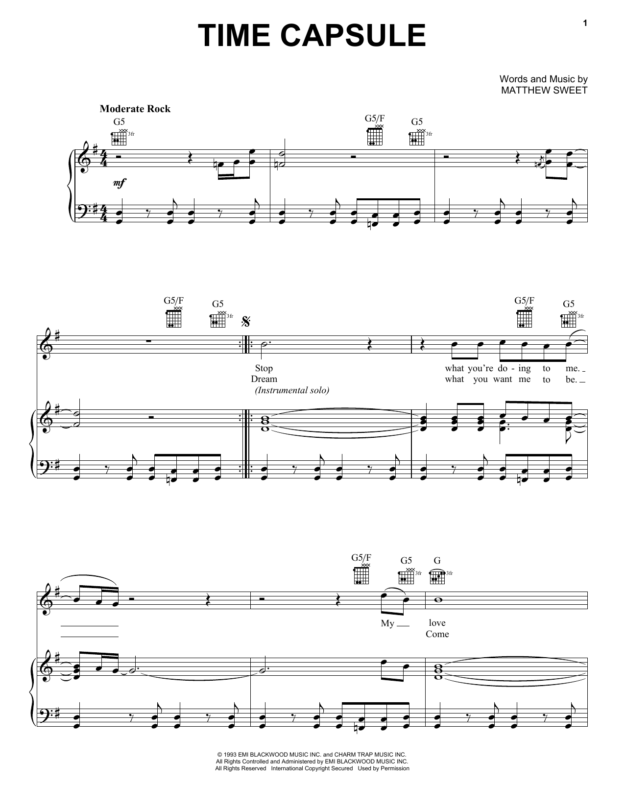 Download Matthew Sweet Time Capsule Sheet Music and learn how to play Piano, Vocal & Guitar Chords (Right-Hand Melody) PDF digital score in minutes