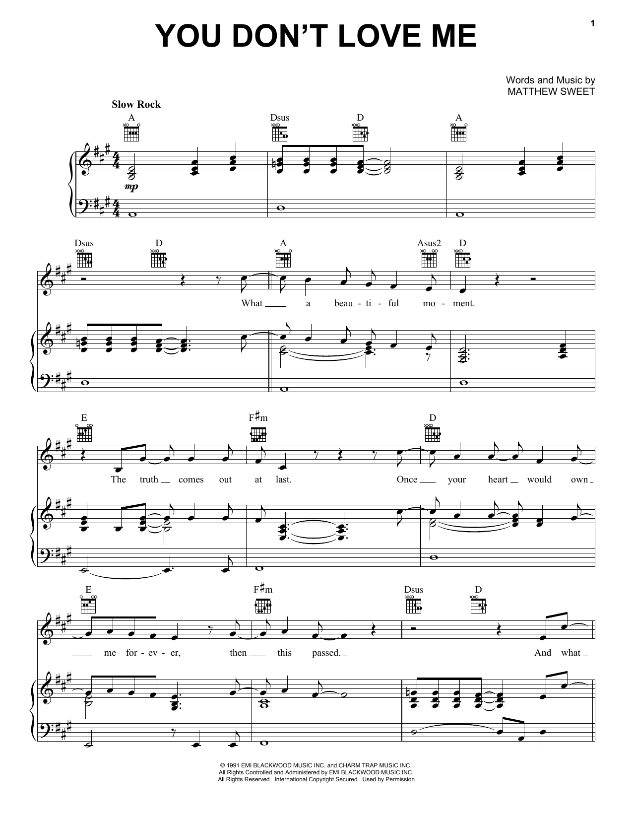 Download Matthew Sweet You Don't Love Me Sheet Music and learn how to play Piano, Vocal & Guitar Chords (Right-Hand Melody) PDF digital score in minutes