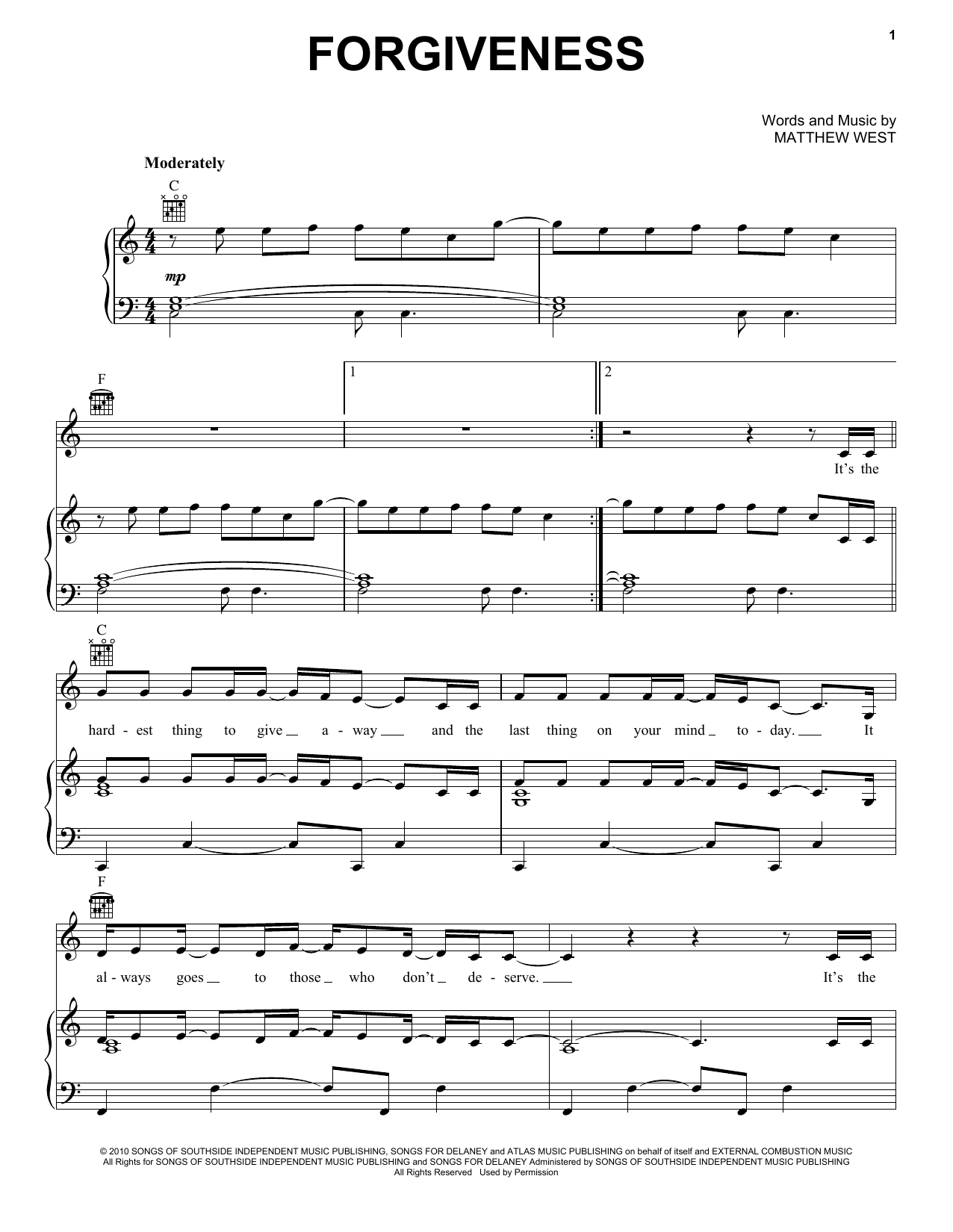 Download Matthew West Forgiveness Sheet Music and learn how to play Piano, Vocal & Guitar (Right-Hand Melody) PDF digital score in minutes
