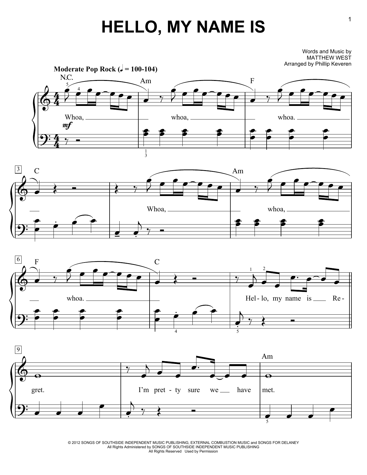 Download Matthew West Hello, My Name Is Sheet Music and learn how to play Easy Piano PDF digital score in minutes