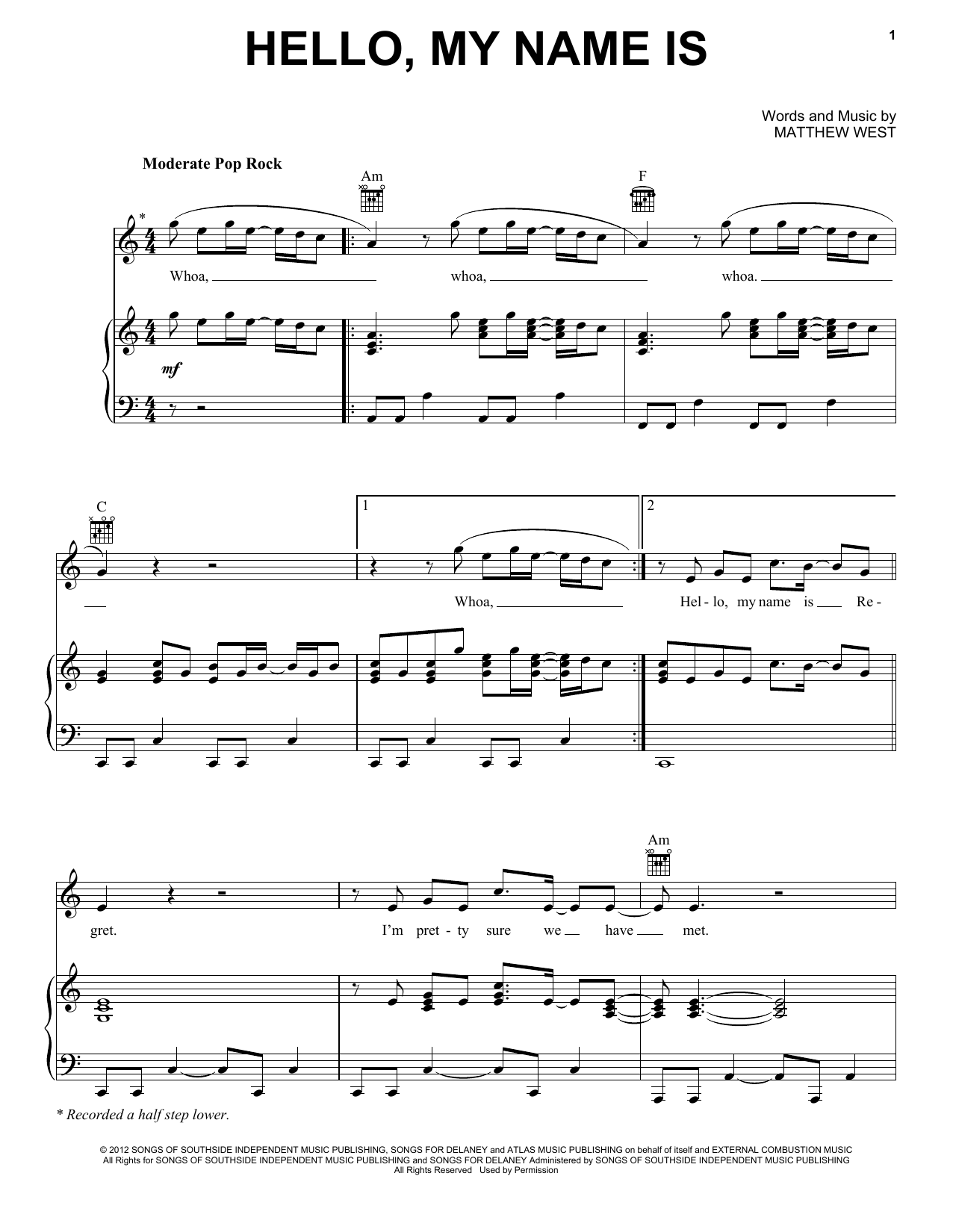 Download Matthew West Hello, My Name Is Sheet Music and learn how to play Piano, Vocal & Guitar (Right-Hand Melody) PDF digital score in minutes