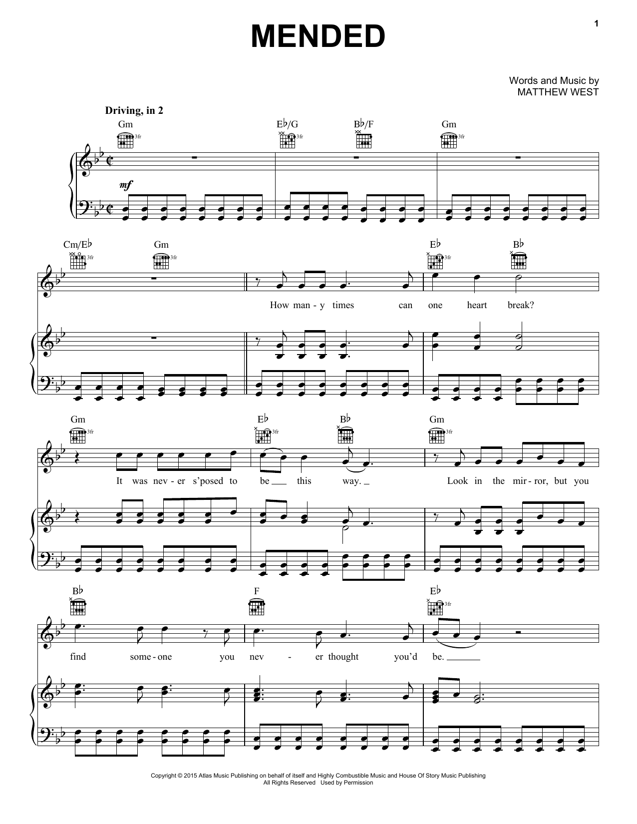 Download Matthew West Mended Sheet Music and learn how to play Piano, Vocal & Guitar (Right-Hand Melody) PDF digital score in minutes