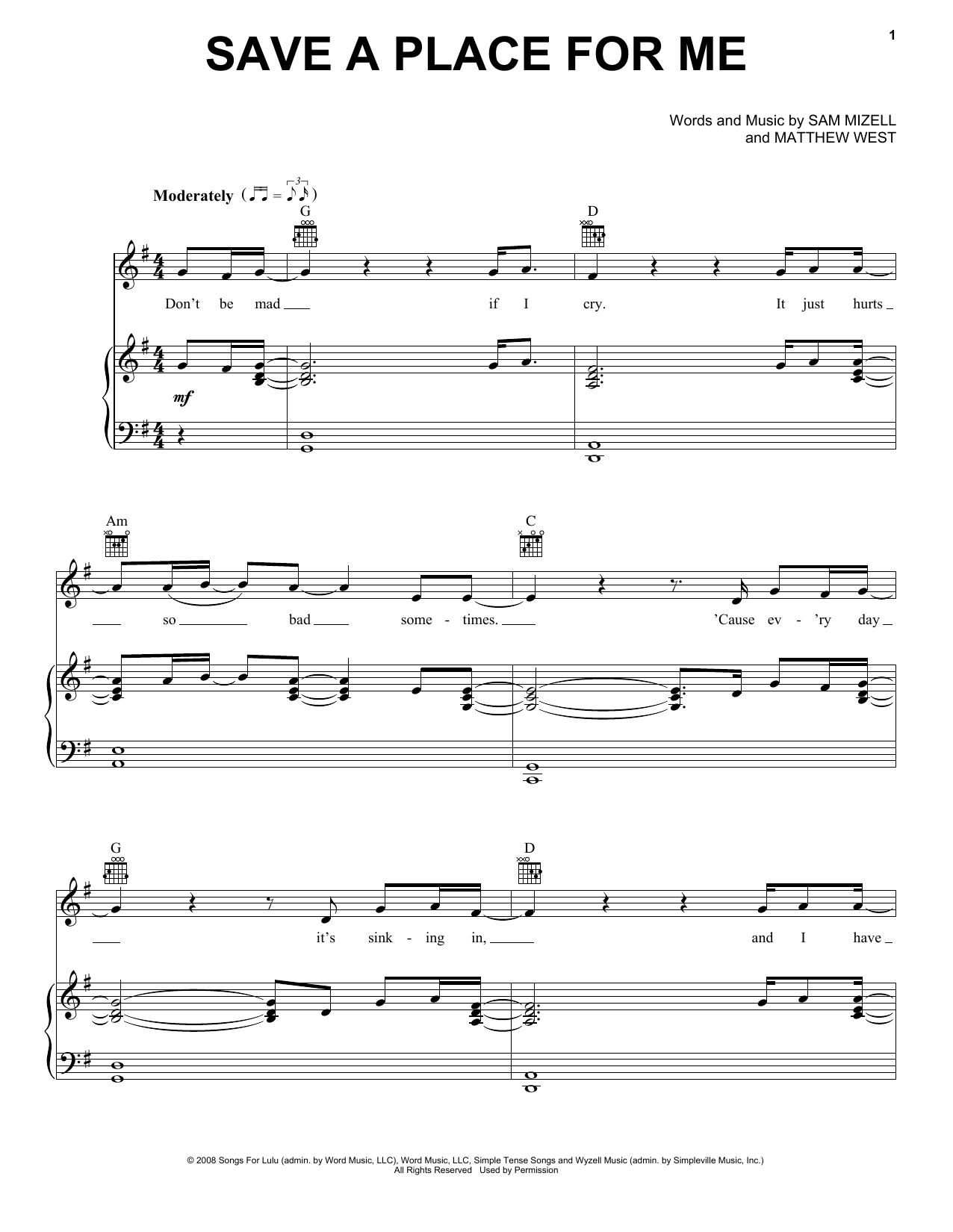 Download Matthew West Save A Place For Me Sheet Music and learn how to play Piano, Vocal & Guitar (Right-Hand Melody) PDF digital score in minutes