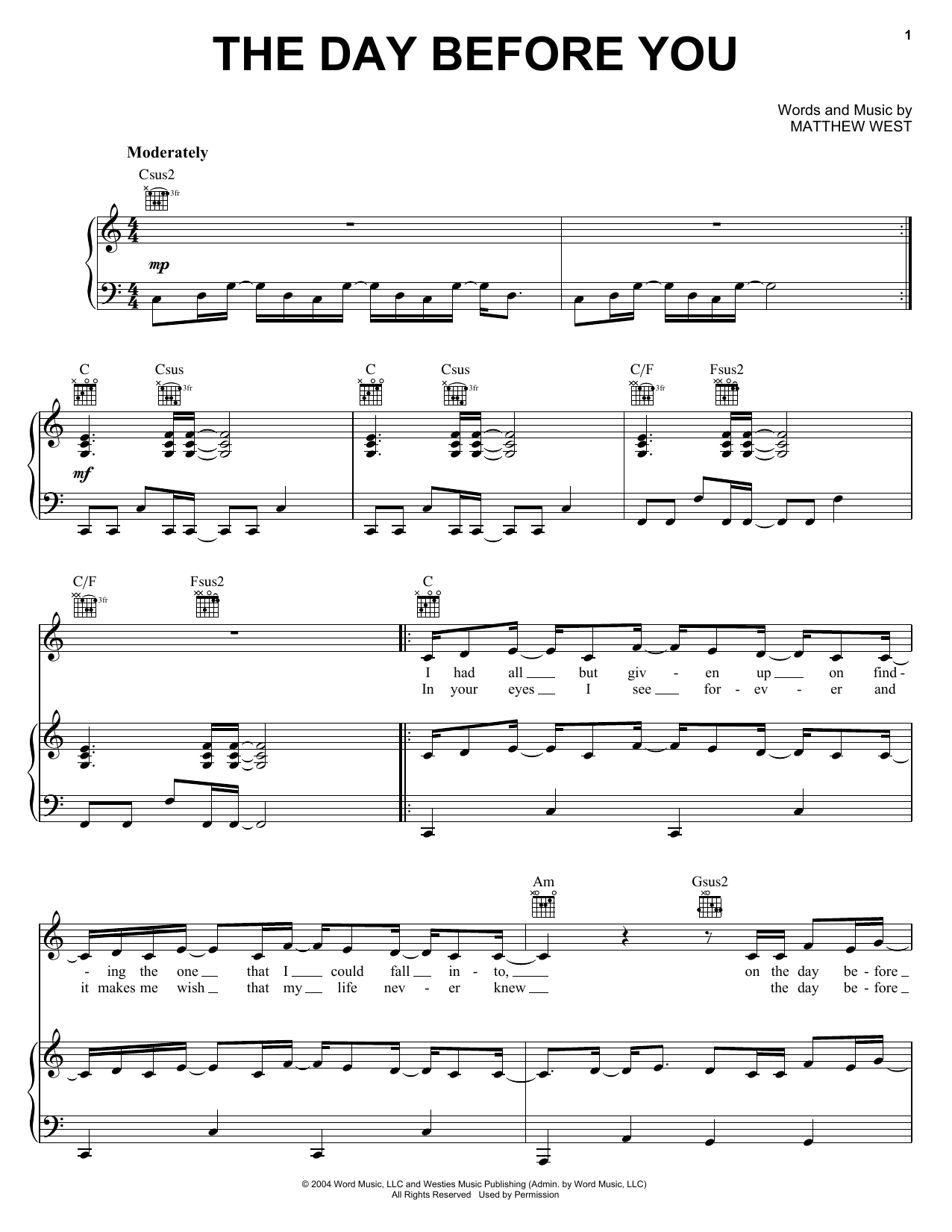 Download Matthew West The Day Before You Sheet Music and learn how to play Piano, Vocal & Guitar Chords (Right-Hand Melody) PDF digital score in minutes