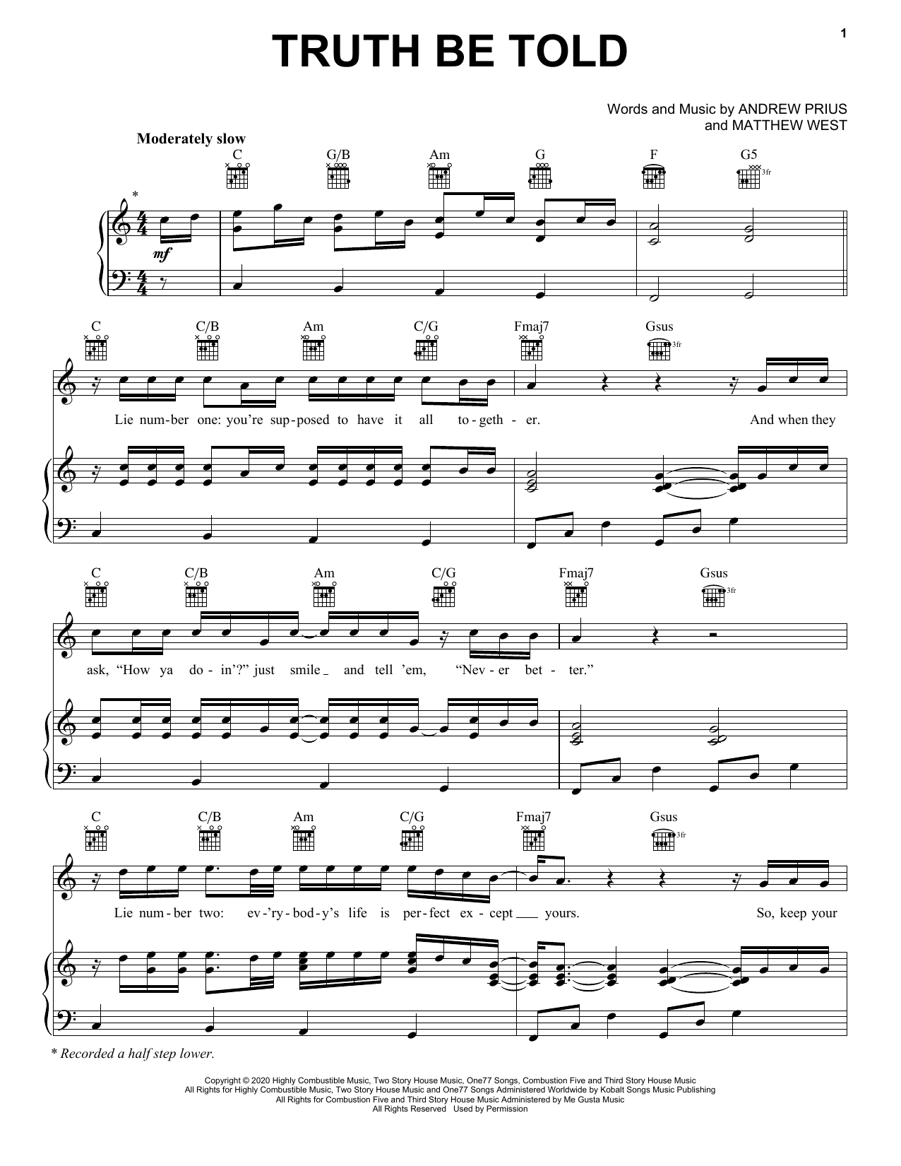 Download Matthew West Truth Be Told Sheet Music and learn how to play Piano, Vocal & Guitar Chords (Right-Hand Melody) PDF digital score in minutes