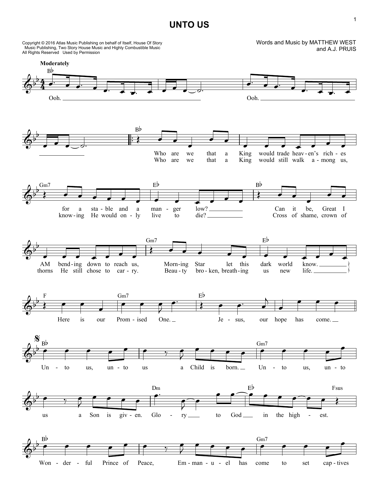 Download Matthew West Unto Us Sheet Music and learn how to play Melody Line, Lyrics & Chords PDF digital score in minutes