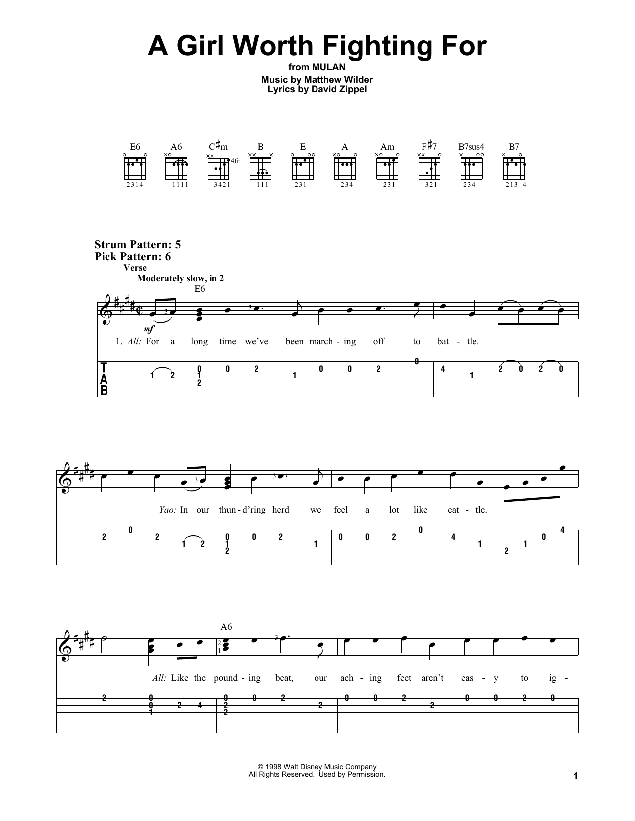Download Matthew Wilder & David Zippel A Girl Worth Fighting For (from Mulan) Sheet Music and learn how to play Easy Guitar Tab PDF digital score in minutes