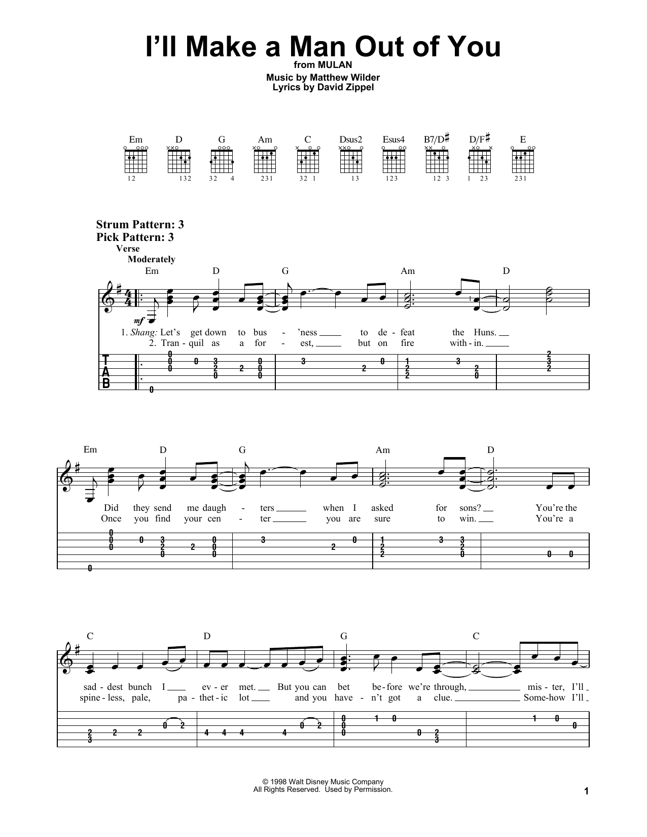 Download Matthew Wilder & David Zippel I'll Make A Man Out Of You (from Mulan) Sheet Music and learn how to play Easy Guitar Tab PDF digital score in minutes