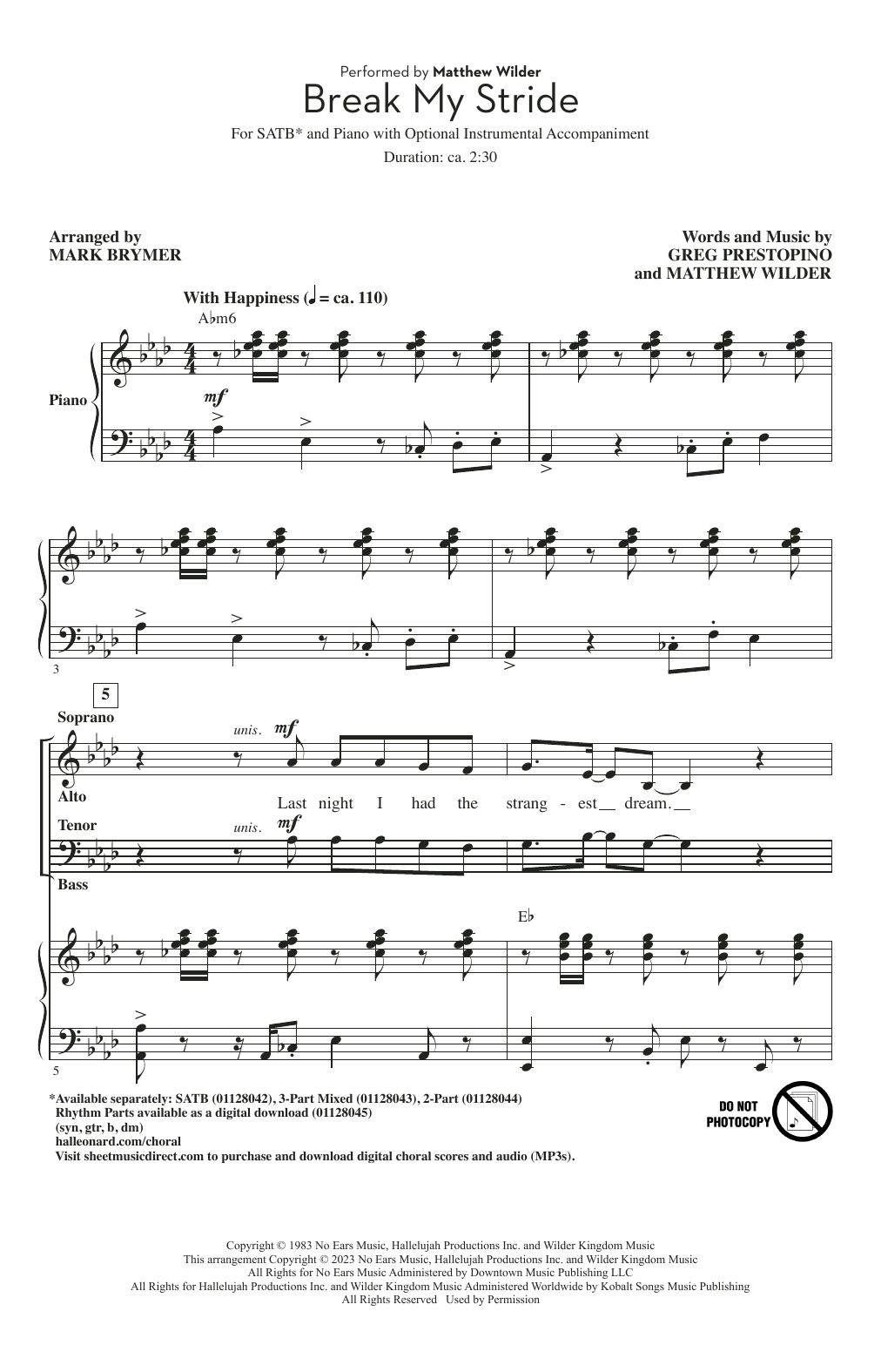 Download Matthew Wilder Break My Stride (arr. Mark Brymer) Sheet Music and learn how to play 2-Part Choir PDF digital score in minutes