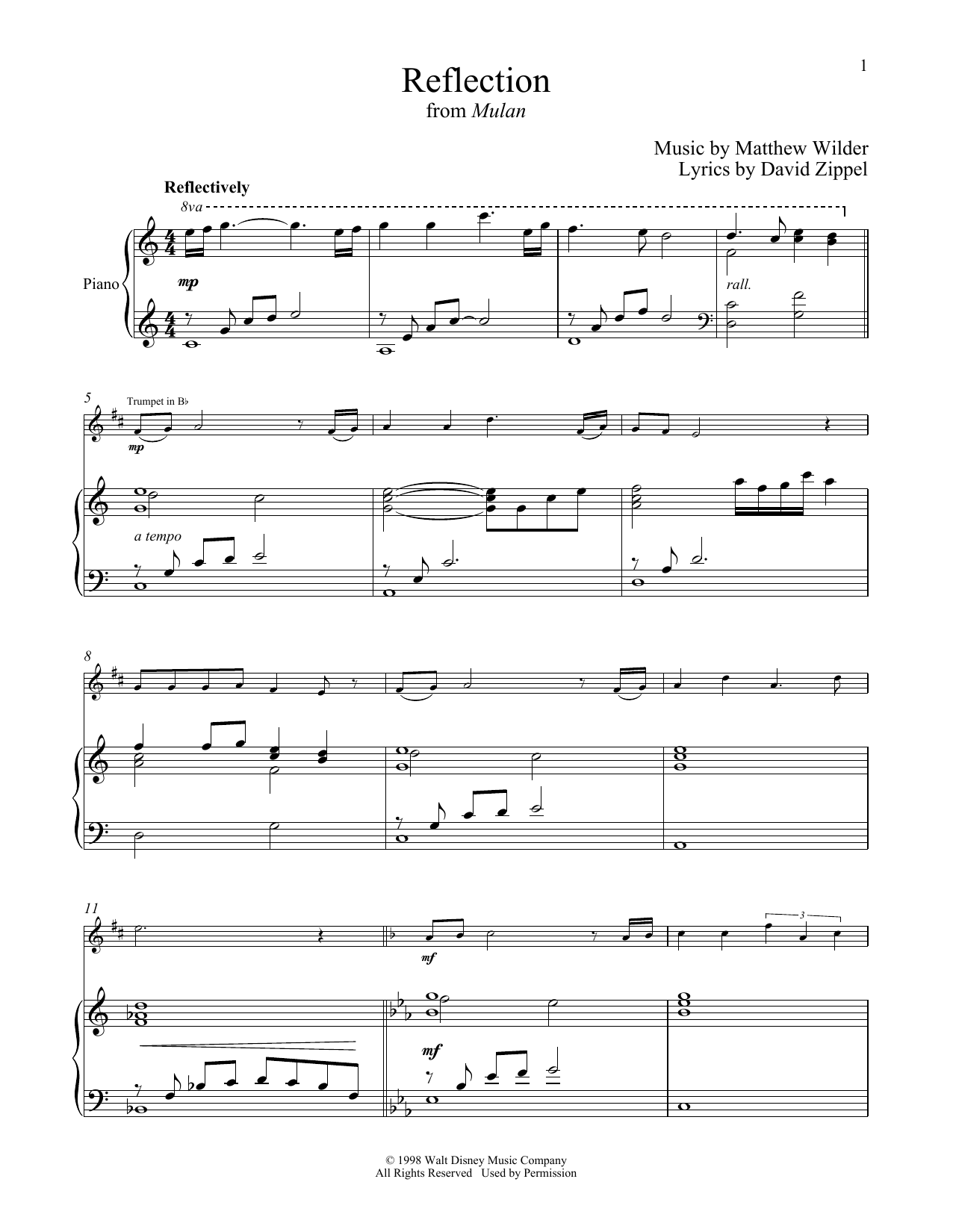 Download Matthew Wilder Reflection (from Mulan) Sheet Music and learn how to play Trumpet and Piano PDF digital score in minutes