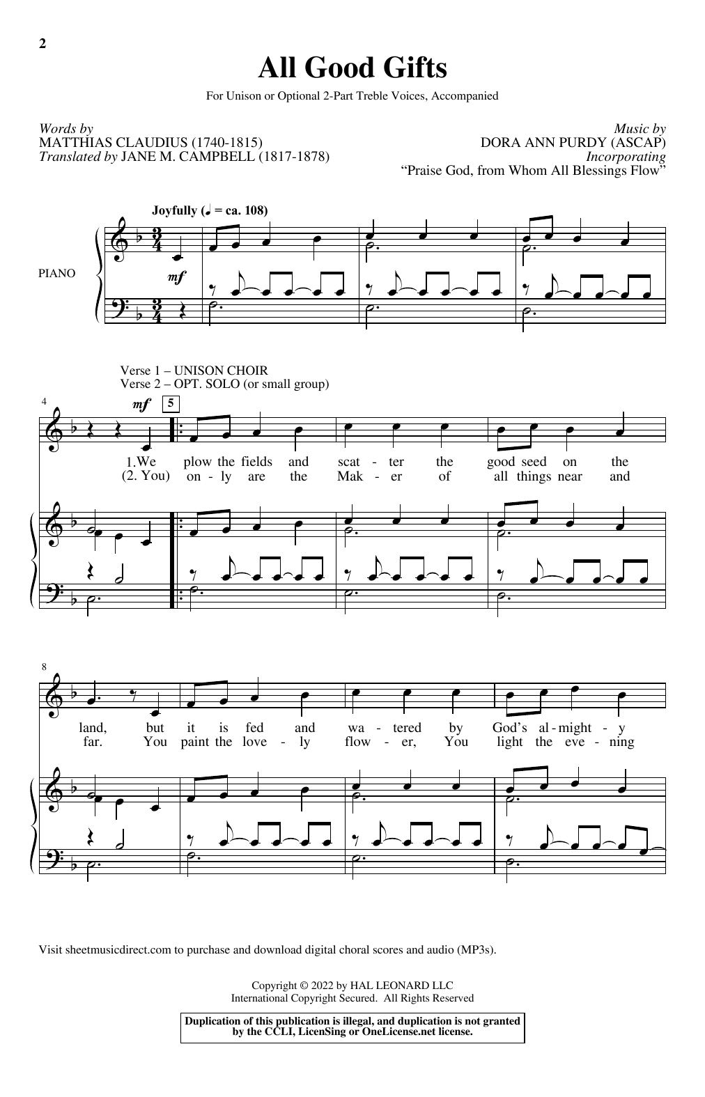 Download Matthias Claudius and Dora Ann Purdy All Good Gifts Sheet Music and learn how to play Choir PDF digital score in minutes