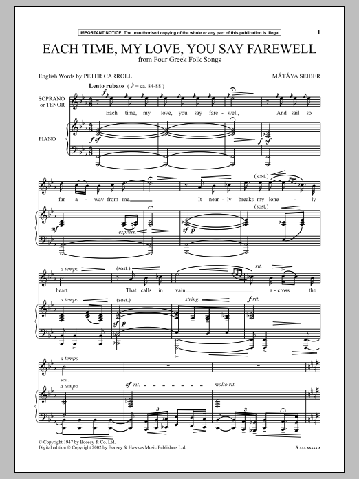 Download Mátyás Seiber Each Time, My Love, You Say Farewell (from Four Greek Folk Songs) Sheet Music and learn how to play Piano PDF digital score in minutes