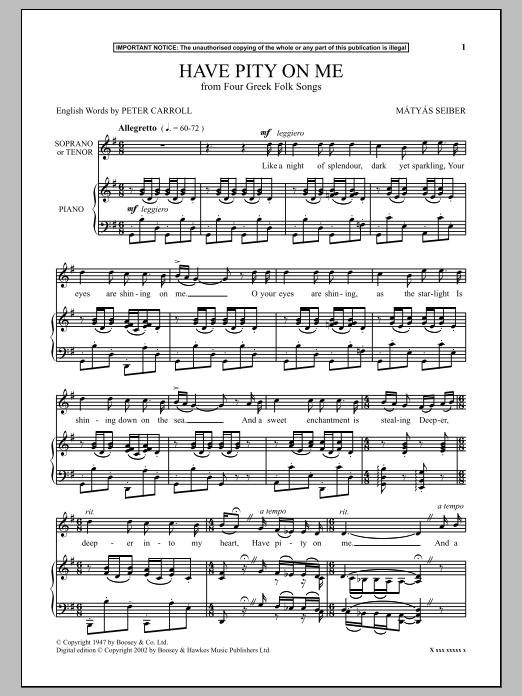 Download Mátyás Seiber Have Pity On Me (from Four Greek Folk Songs) Sheet Music and learn how to play Piano PDF digital score in minutes