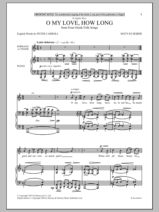 Download Mátyás Seiber O My Love, How Long (from Four Greek Folk Songs) Sheet Music and learn how to play Piano PDF digital score in minutes