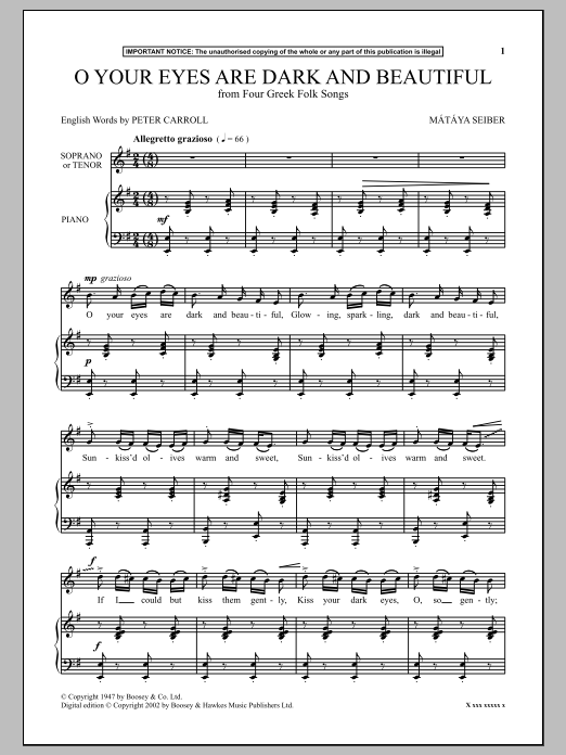 Download Mátyás Seiber O Your Eyes Are Dark And Beautiful (from Four Greek Folk Songs) Sheet Music and learn how to play Piano PDF digital score in minutes