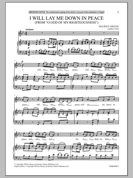 Download Maurice Greene I Will Lay Me Down In Peace (from O God Of My Righteousness) Sheet Music and learn how to play Piano & Vocal PDF digital score in minutes