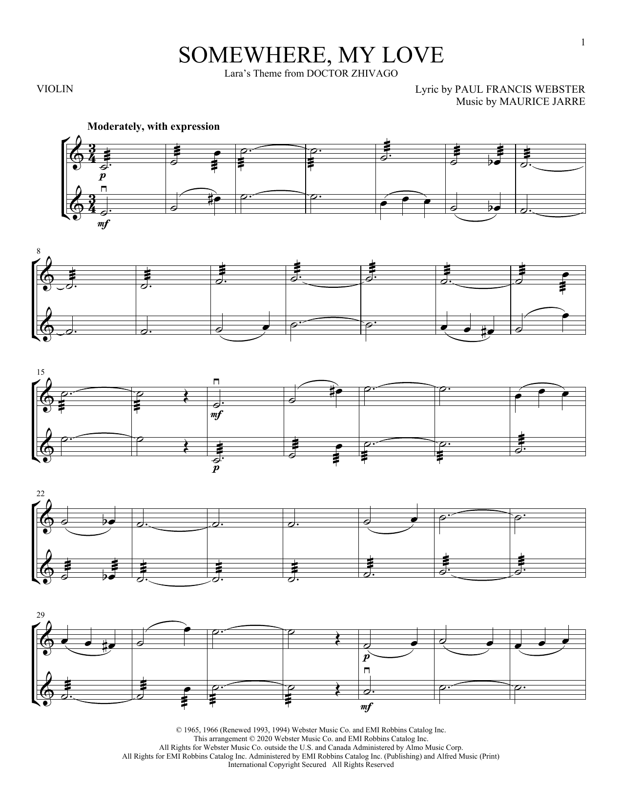 Download Maurice Jarre Somewhere, My Love (Lara's Theme) (from Doctor Zhivago) Sheet Music and learn how to play Violin Duet PDF digital score in minutes
