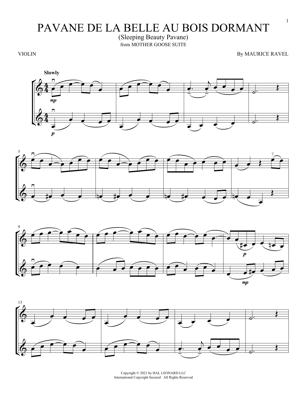 Download Maurice Ravel Pavane de la belle au bois dormant (Sleeping Beauty Pavane) Sheet Music and learn how to play Violin Duet PDF digital score in minutes