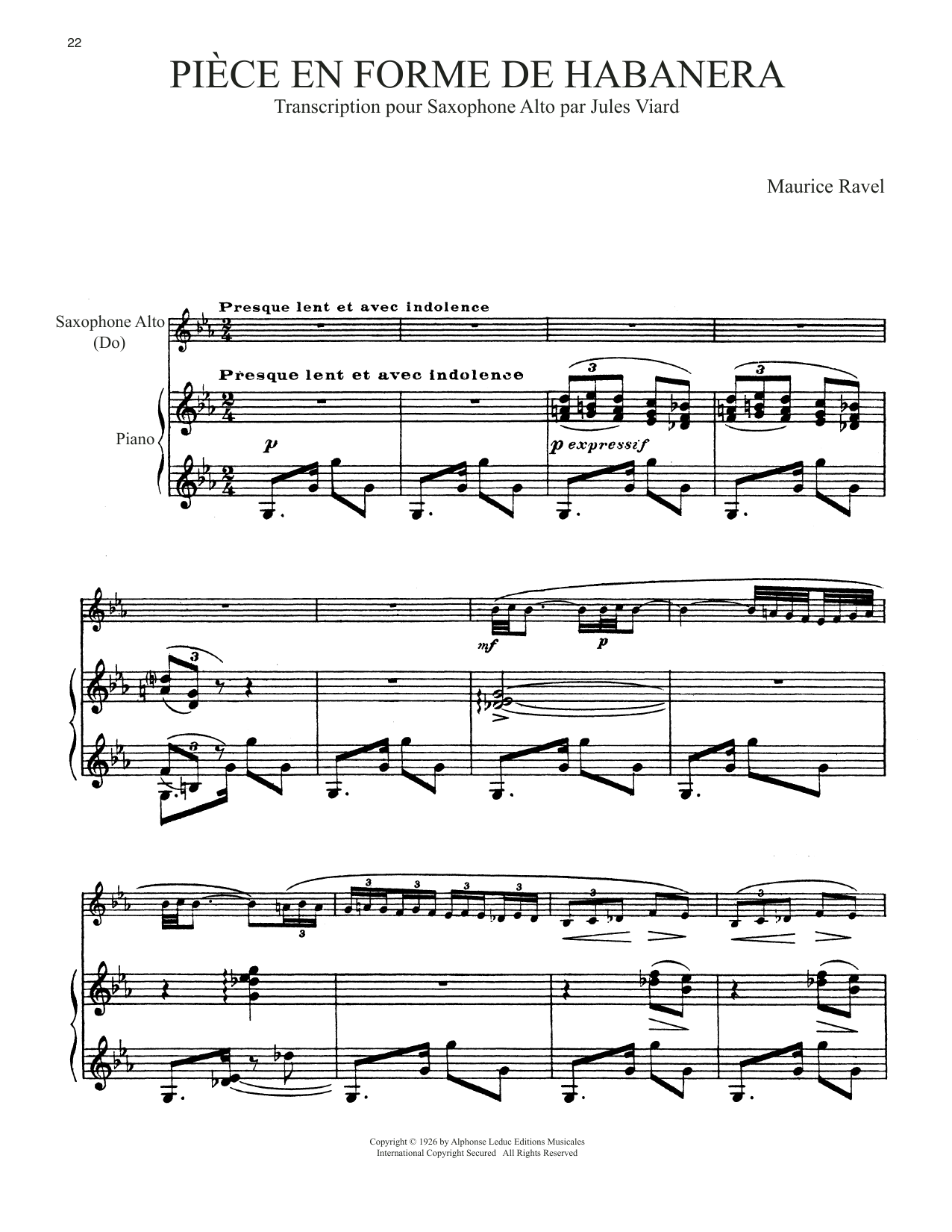 Download Maurice Ravel Piece En Forme De Habanera Sheet Music and learn how to play Alto Sax and Piano PDF digital score in minutes