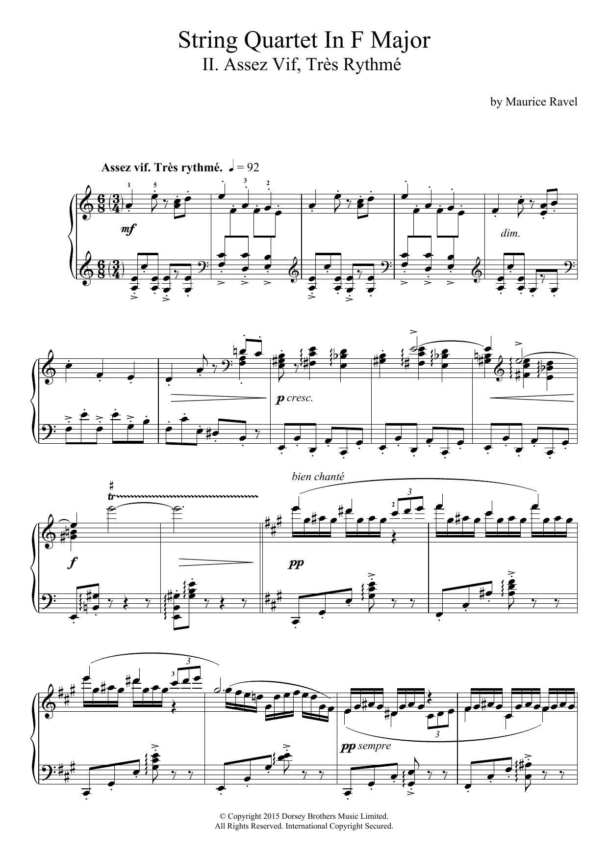Download Maurice Ravel String Quartet In F Major - II. Assez Vif, Très Rythmé Sheet Music and learn how to play Piano PDF digital score in minutes