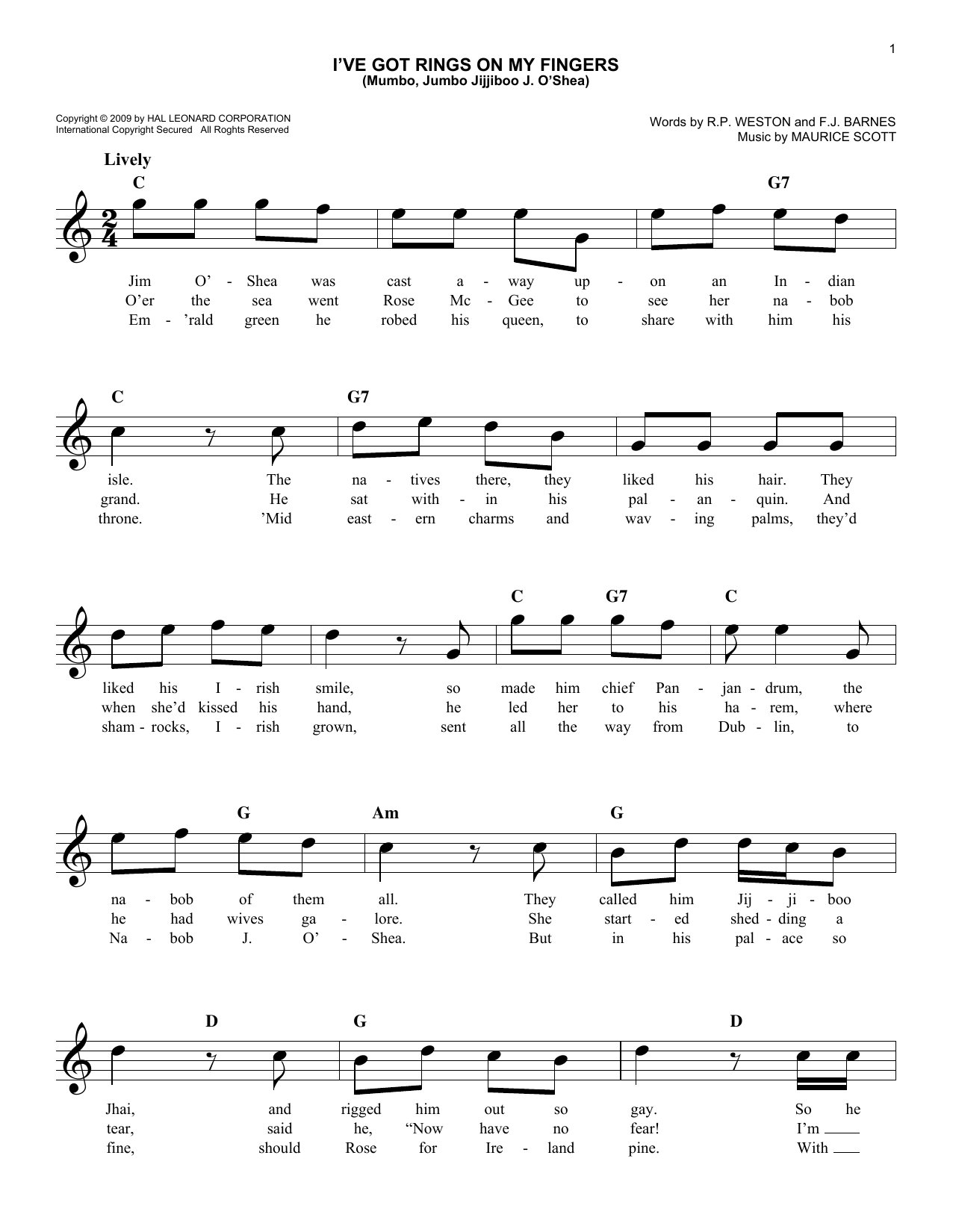 Download Maurice Scott I've Got Rings On My Fingers (Mumbo, Jumbo Jijjiboo J. O'Shea) Sheet Music and learn how to play Melody Line, Lyrics & Chords PDF digital score in minutes
