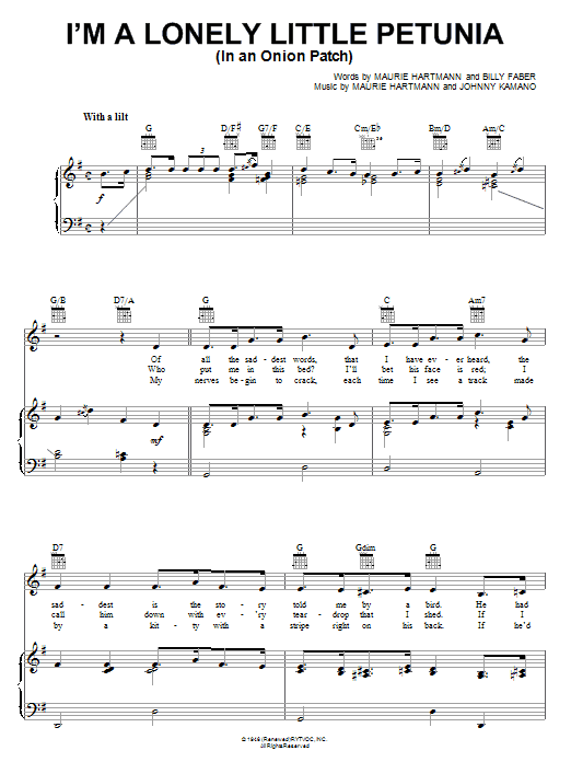 Download Maurie Hartmann I'm A Lonely Little Petunia (In An Onion Patch) Sheet Music and learn how to play Piano, Vocal & Guitar (Right-Hand Melody) PDF digital score in minutes