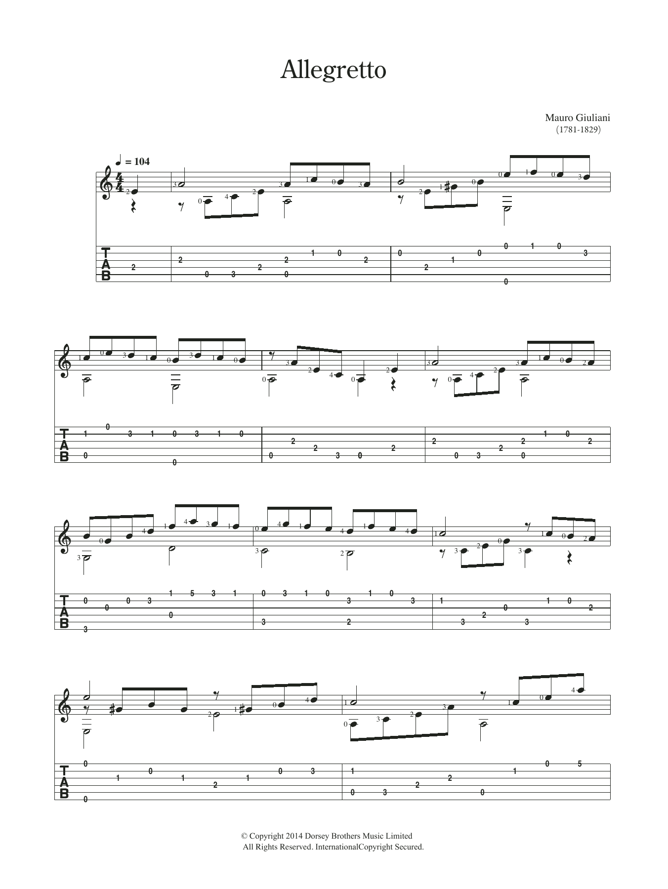 Download Mauro Giuliani Allegretto Sheet Music and learn how to play Guitar PDF digital score in minutes