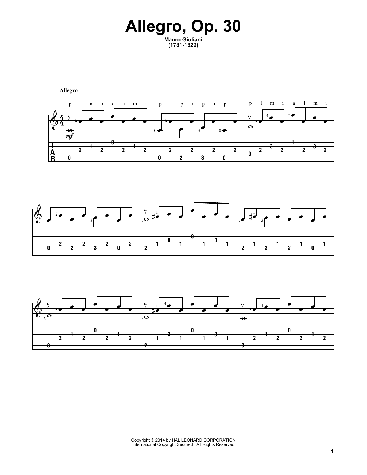 Download Mauro Giuliani Allegro Op. 30 Sheet Music and learn how to play Guitar Tab PDF digital score in minutes