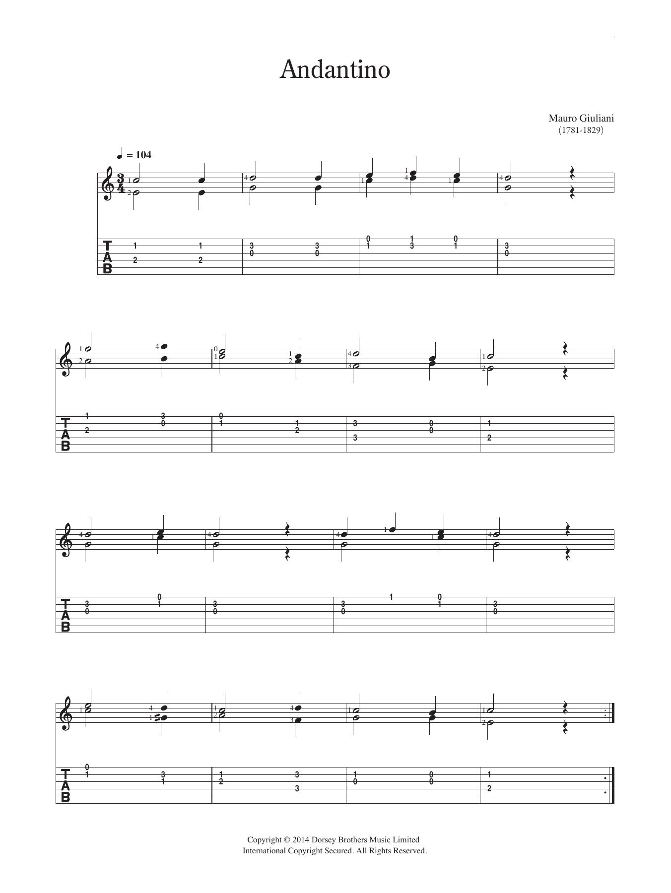 Download Mauro Giuliani Andantino Sheet Music and learn how to play Guitar PDF digital score in minutes