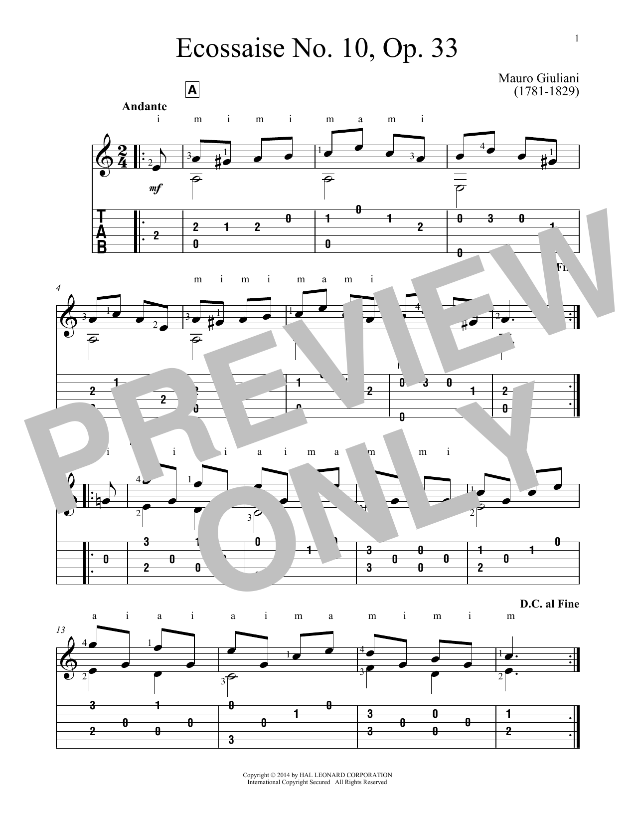 Download Mauro Giuliani Ecossaise No. 10, Op. 33 Sheet Music and learn how to play Guitar Tab PDF digital score in minutes