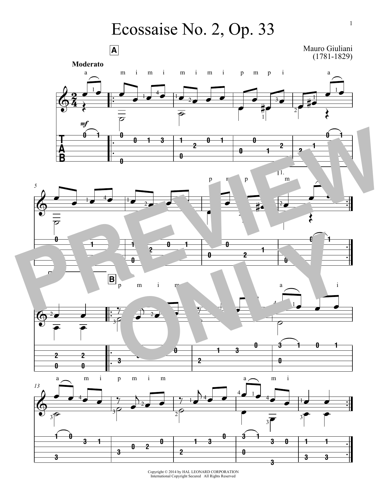 Download Mauro Giuliani Ecossaise No. 2, Op. 33 Sheet Music and learn how to play Guitar Tab PDF digital score in minutes
