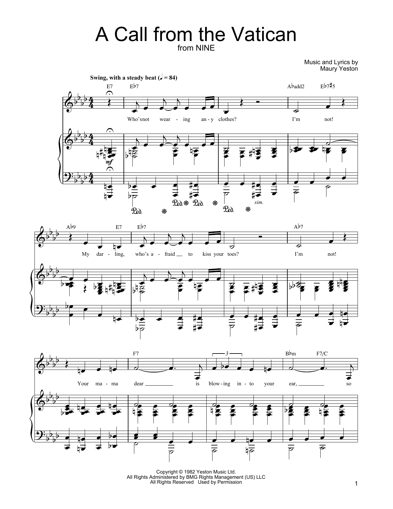Download Maury Yeston A Call From The Vatican Sheet Music and learn how to play Piano, Vocal & Guitar (Right-Hand Melody) PDF digital score in minutes
