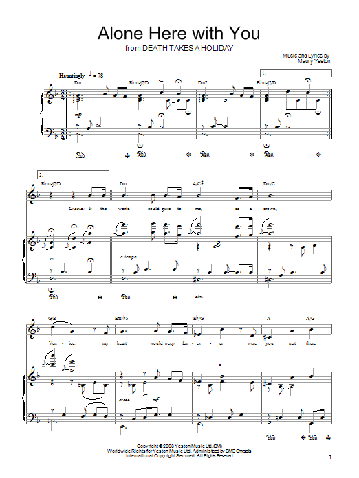 Download Maury Yeston Alone Here With You Sheet Music and learn how to play Piano, Vocal & Guitar (Right-Hand Melody) PDF digital score in minutes
