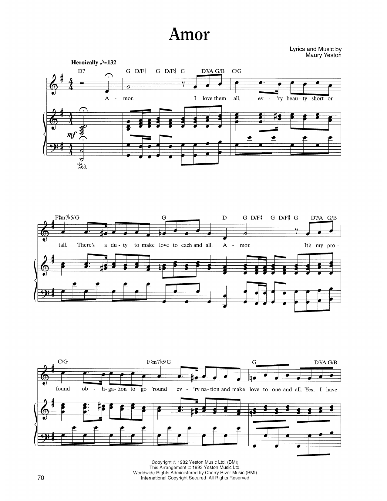 Download Maury Yeston Amor (from Nine) Sheet Music and learn how to play Piano, Vocal & Guitar Chords (Right-Hand Melody) PDF digital score in minutes