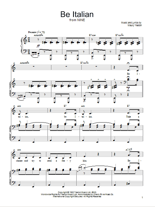 Download Maury Yeston Be Italian Sheet Music and learn how to play Piano, Vocal & Guitar (Right-Hand Melody) PDF digital score in minutes