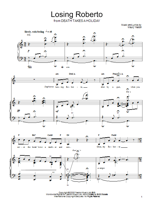 Download Maury Yeston Losing Roberto Sheet Music and learn how to play Piano, Vocal & Guitar (Right-Hand Melody) PDF digital score in minutes