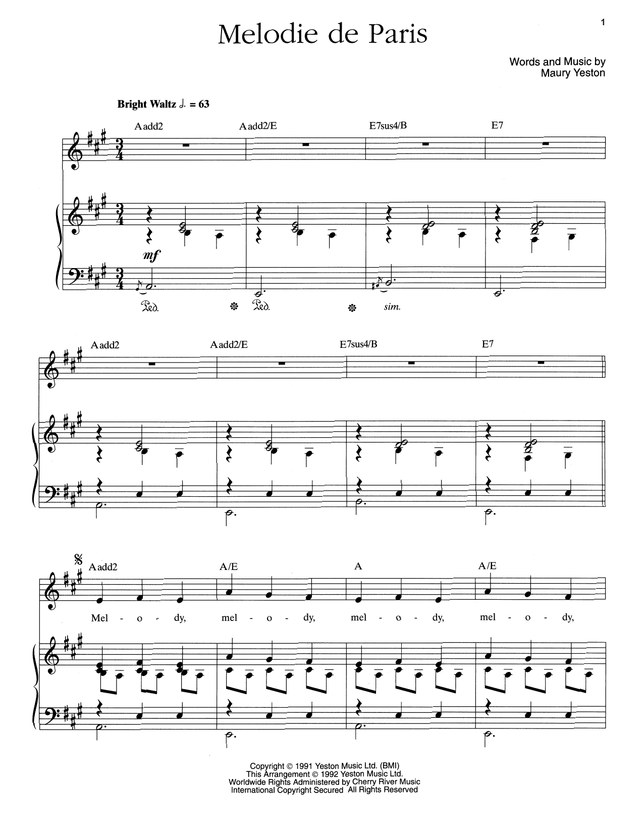 Download Maury Yeston Melodie De Paris Sheet Music and learn how to play Piano & Vocal PDF digital score in minutes