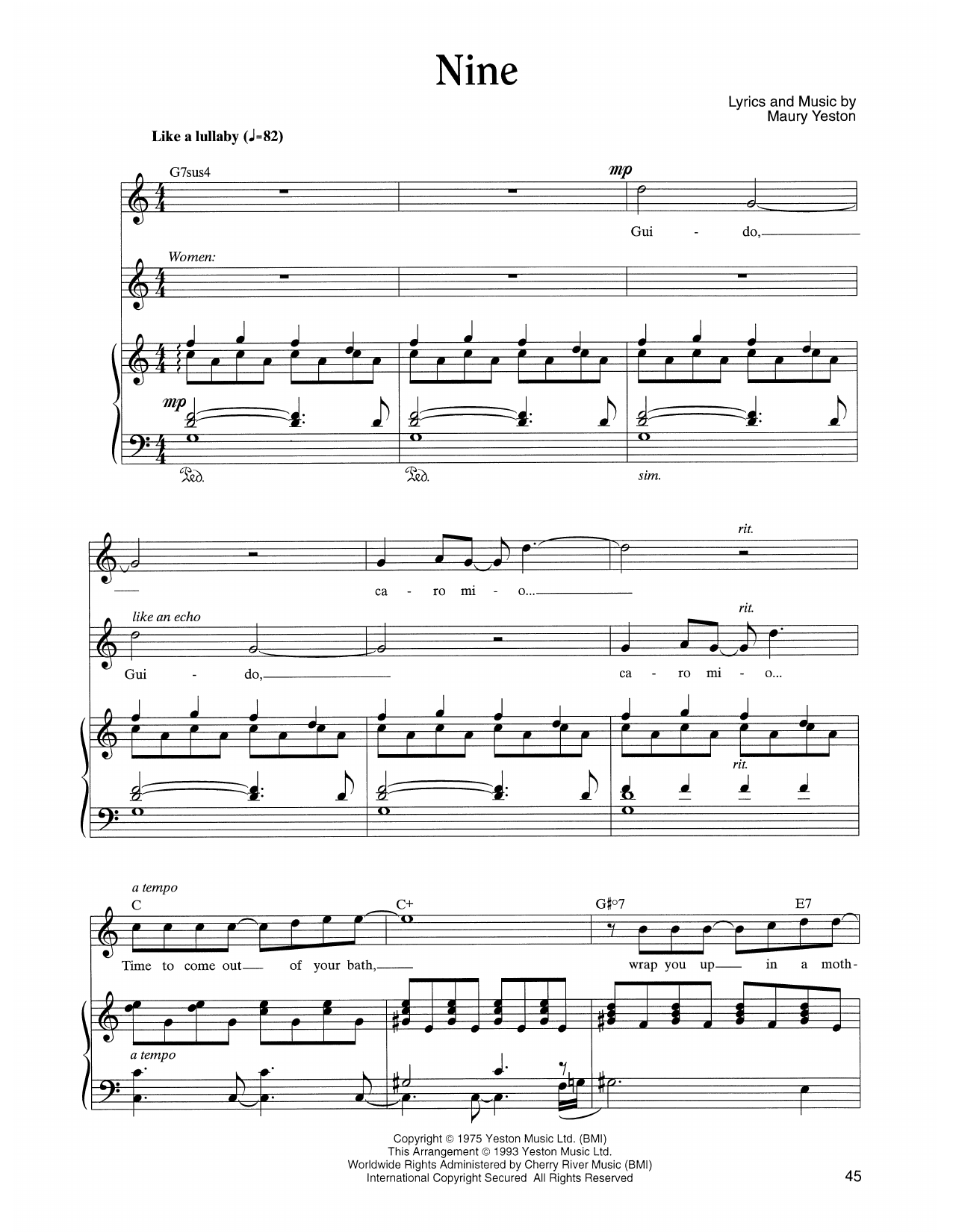 Download Maury Yeston Nine (from Nine) Sheet Music and learn how to play Piano, Vocal & Guitar Chords (Right-Hand Melody) PDF digital score in minutes