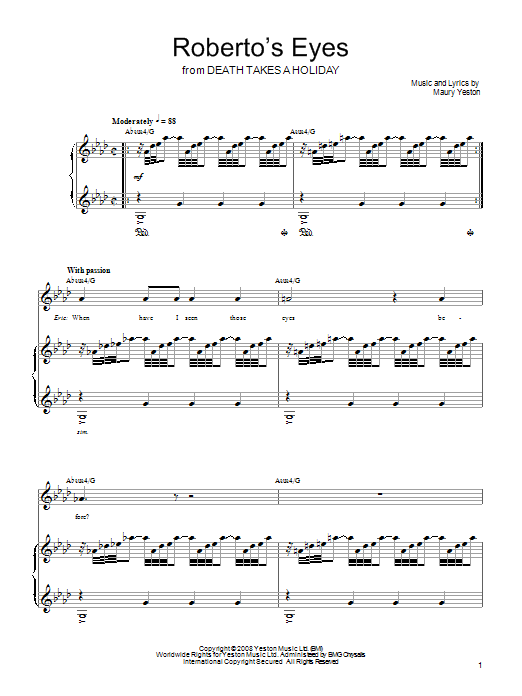 Download Maury Yeston Roberto's Eyes Sheet Music and learn how to play Piano, Vocal & Guitar (Right-Hand Melody) PDF digital score in minutes