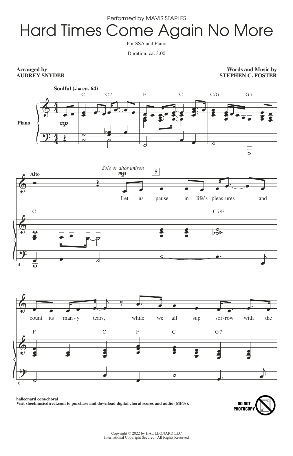 Download Mavis Staples Hard Times Come Again No More (arr. Audrey Snyder) Sheet Music and learn how to play SSA Choir PDF digital score in minutes