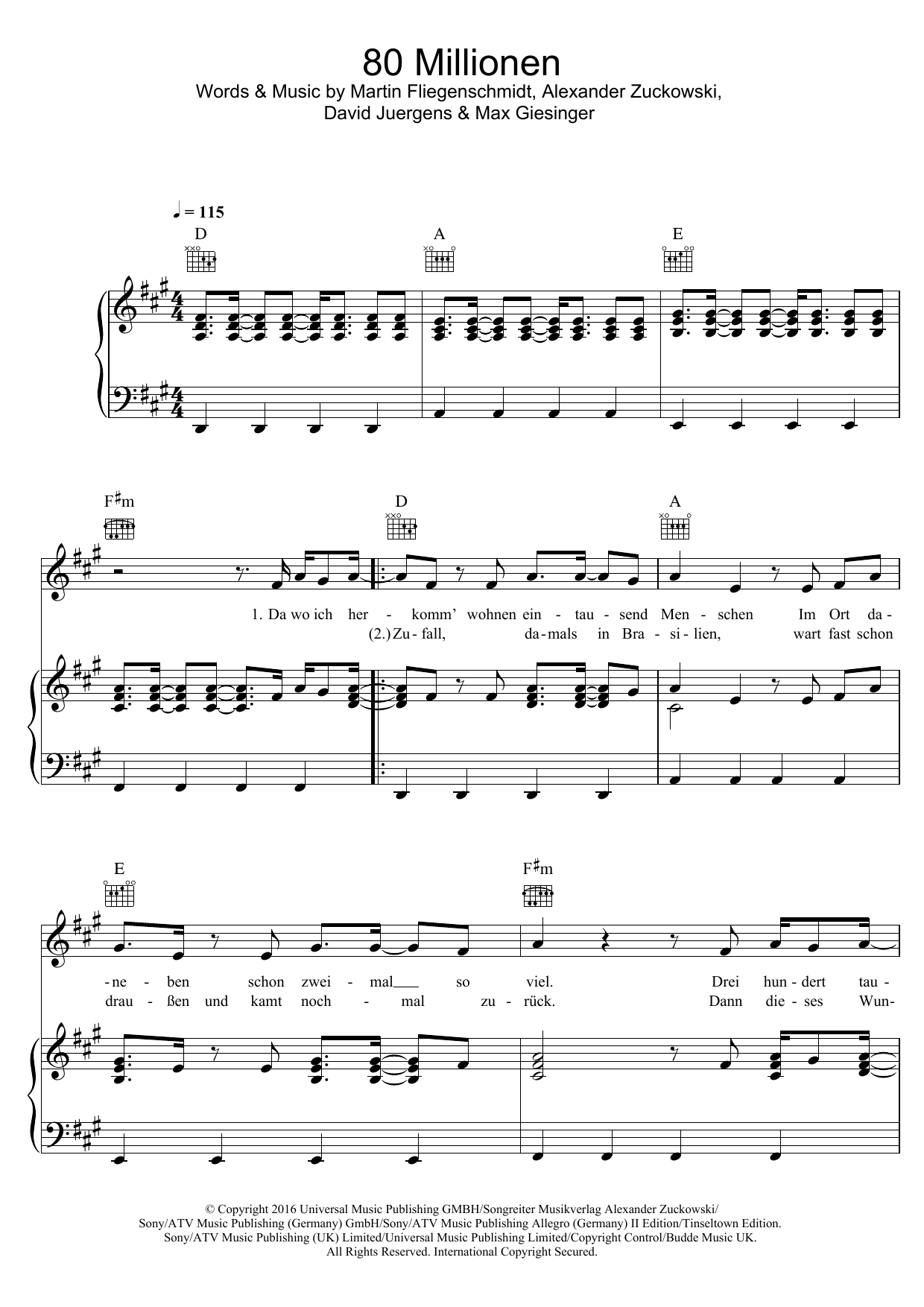 Download Max Giesinger 80 Millionen Sheet Music and learn how to play Piano, Vocal & Guitar (Right-Hand Melody) PDF digital score in minutes