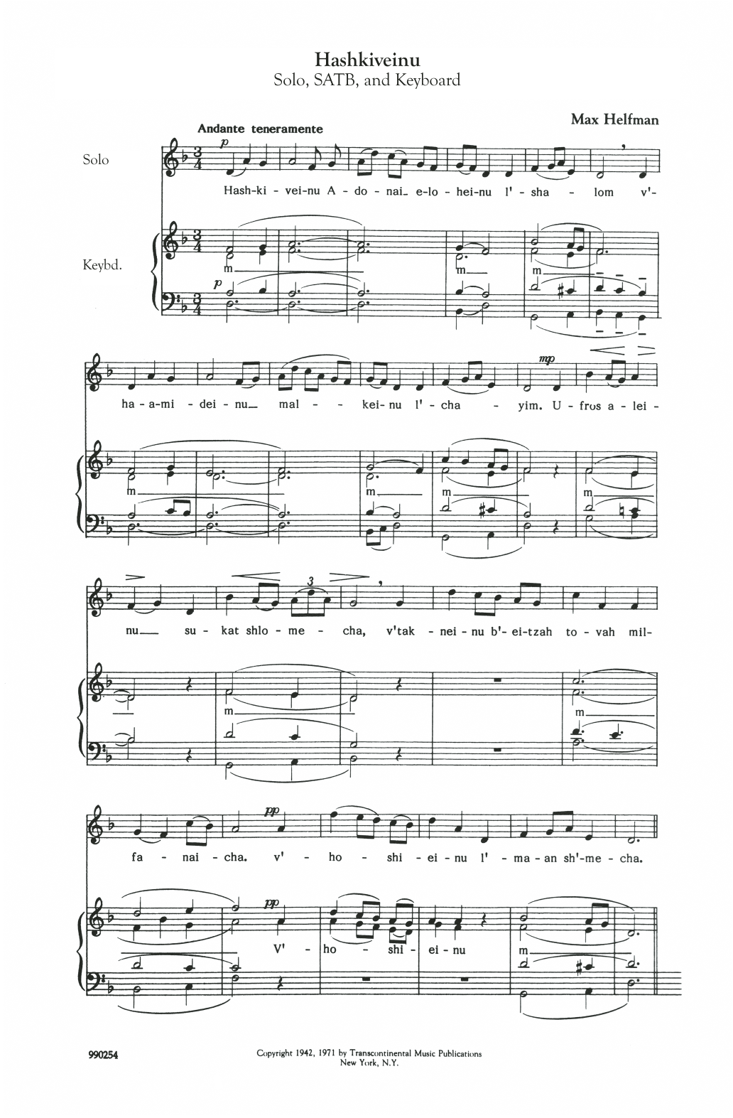Download Max Helfman Hashkiveinu Sheet Music and learn how to play SATB Choir PDF digital score in minutes