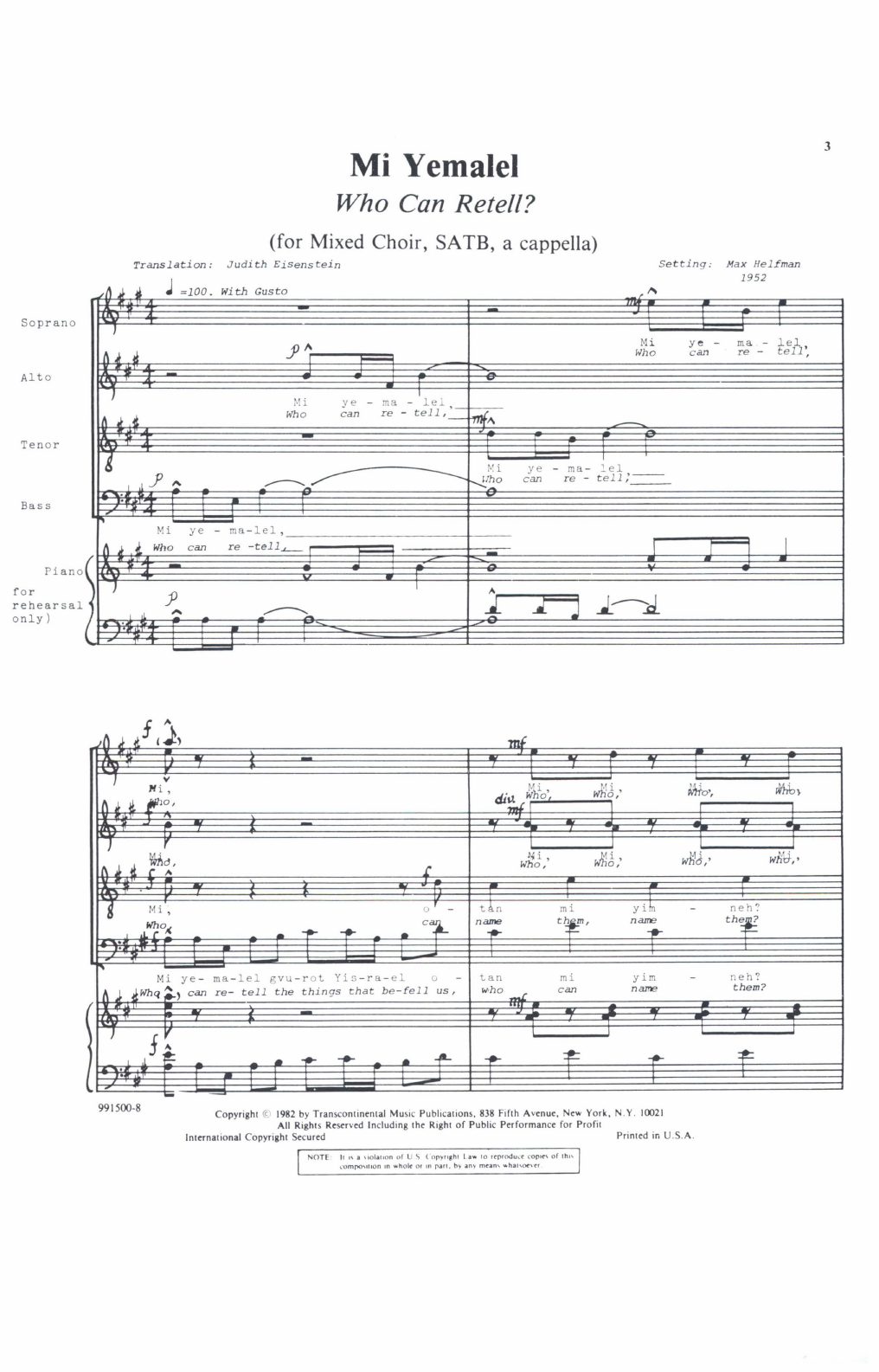 Download Max Helfman Mi Yemalel (Who Can Retell?) Sheet Music and learn how to play SATB Choir PDF digital score in minutes