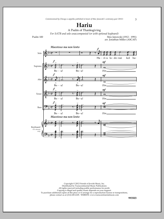 Download Max Janowski Hariu Sheet Music and learn how to play SATB Choir PDF digital score in minutes