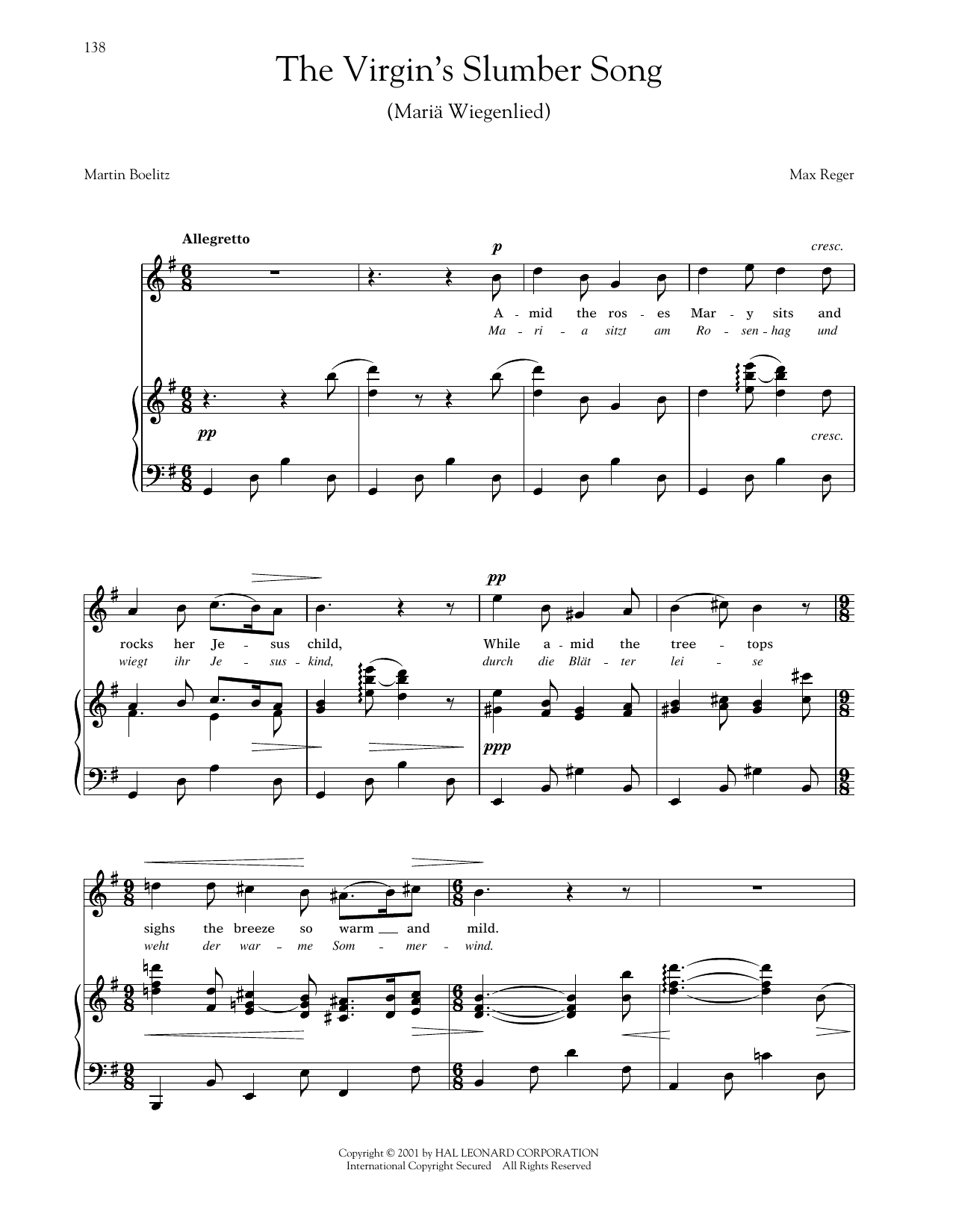 Download Max Reger Mariä Wiegenlied (The Virgin's Slumber Song) (Reger) Sheet Music and learn how to play Piano & Vocal PDF digital score in minutes