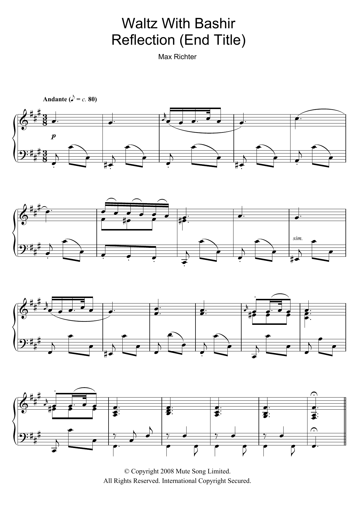 Download Max Richter Andante / Reflection (after Schubert D.959) (End Title from Waltz With Bashir) Sheet Music and learn how to play Piano Solo PDF digital score in minutes