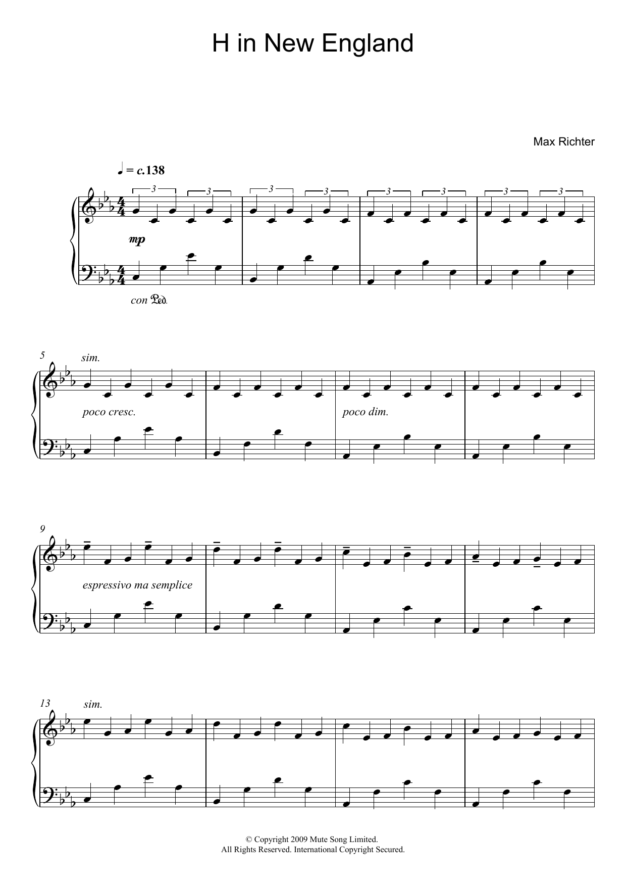 Download Max Richter H In New England Sheet Music and learn how to play Piano PDF digital score in minutes